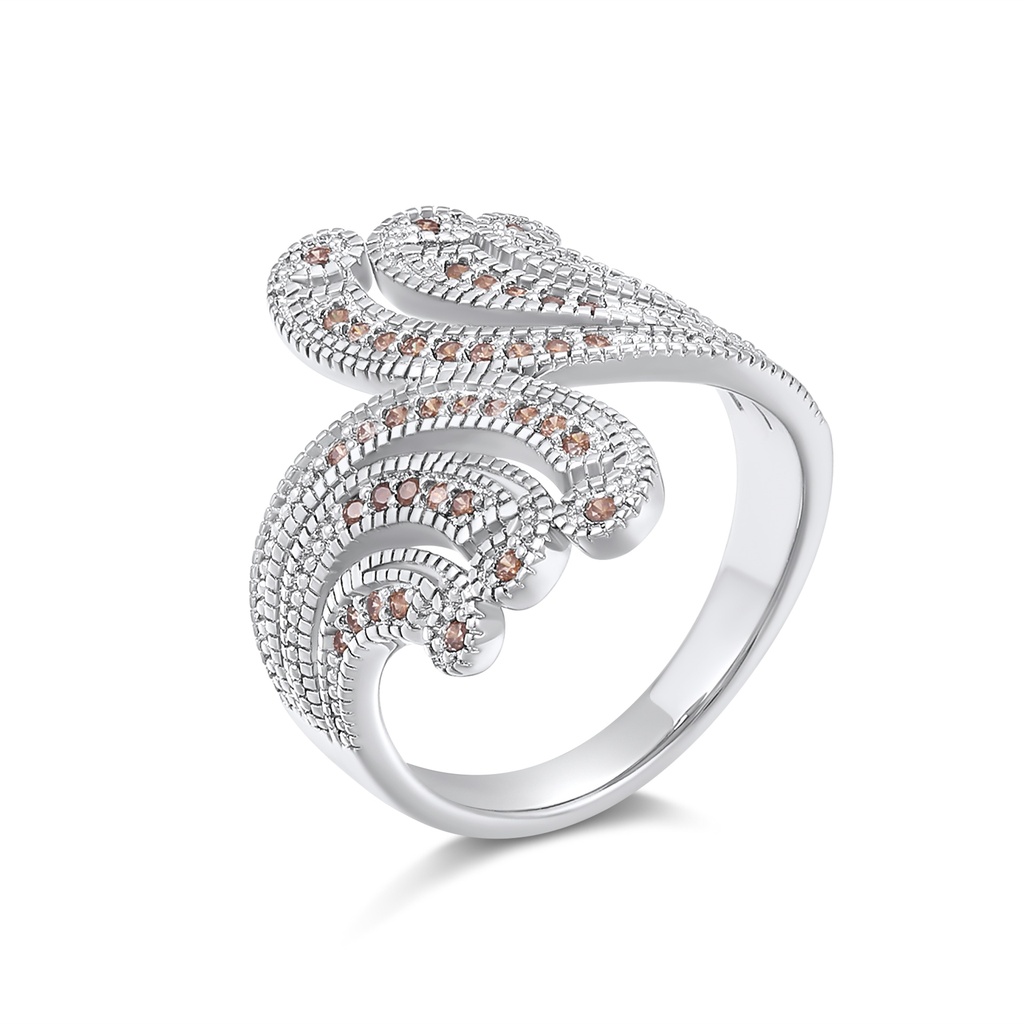 Elegant Vintage Wave Brass Ring with Pink Micro-Pave Crystal Accents