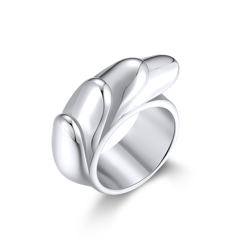 Elegant Wide Stainless Steel Ring with Modern Leaf Design