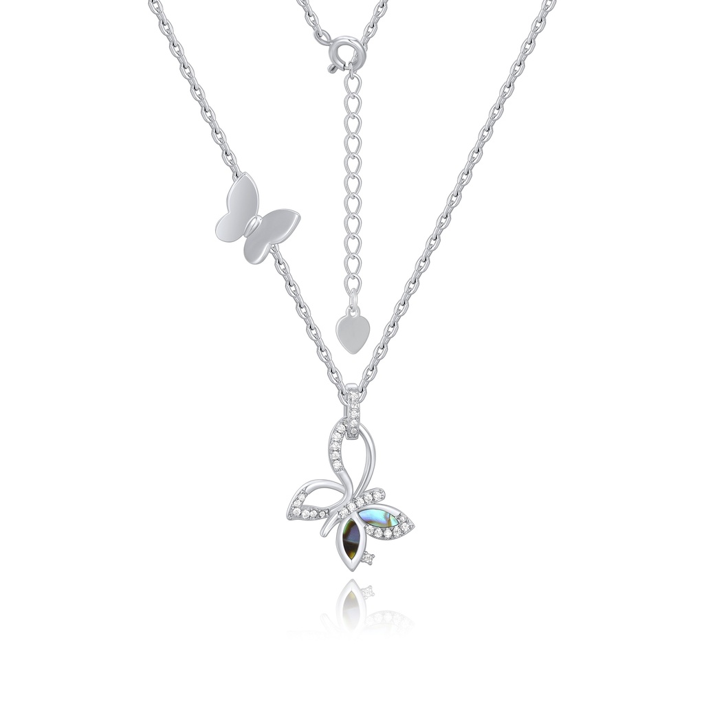 Elegant butterfly necklace with abalone and crystal wing accents.