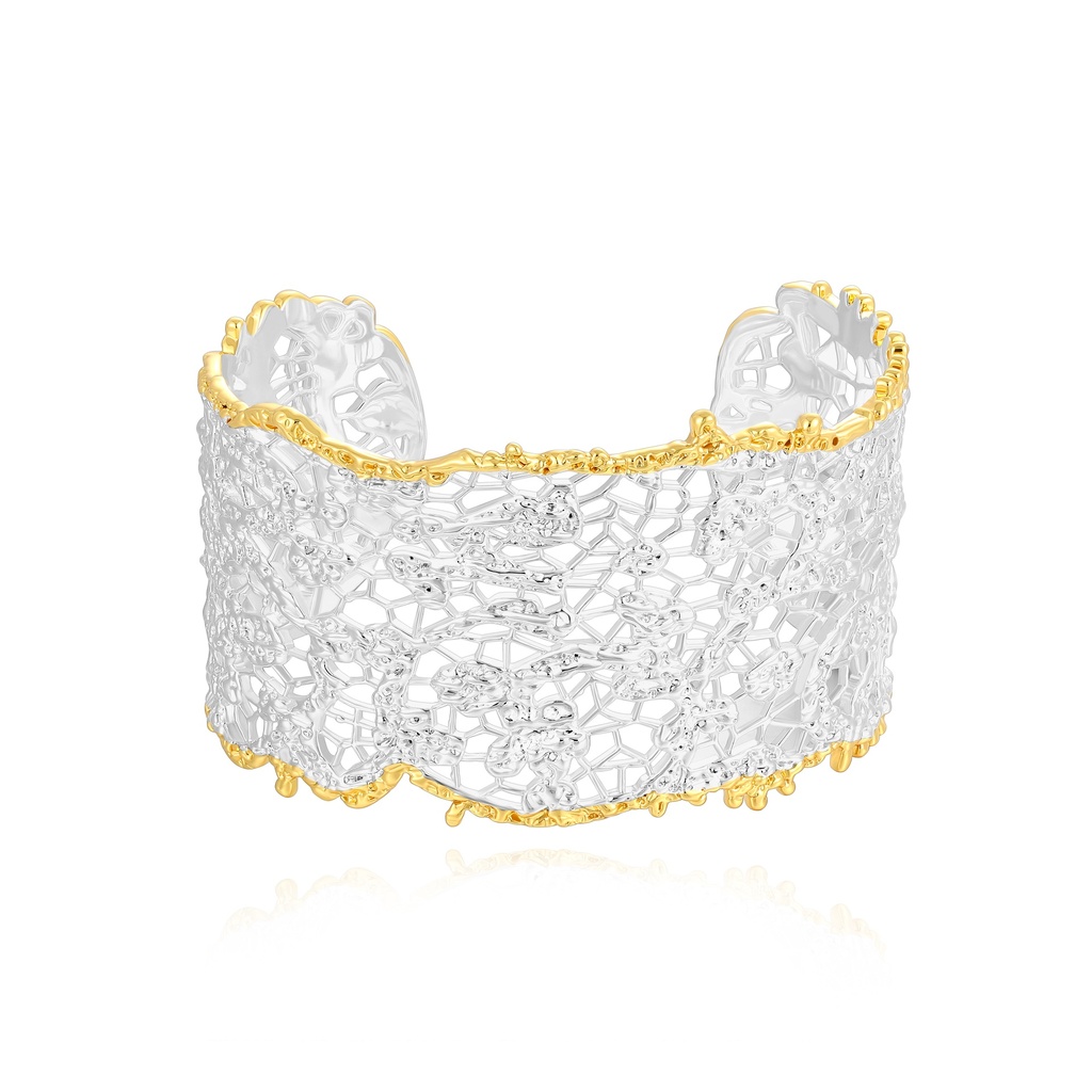 Elegant filigree cuff bracelet with dual-tone lace design finish.