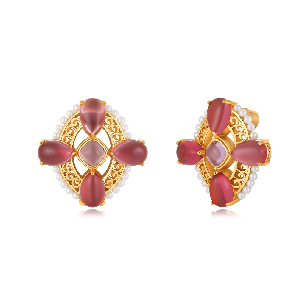 Elegant floral brass earrings with red stones and pearls