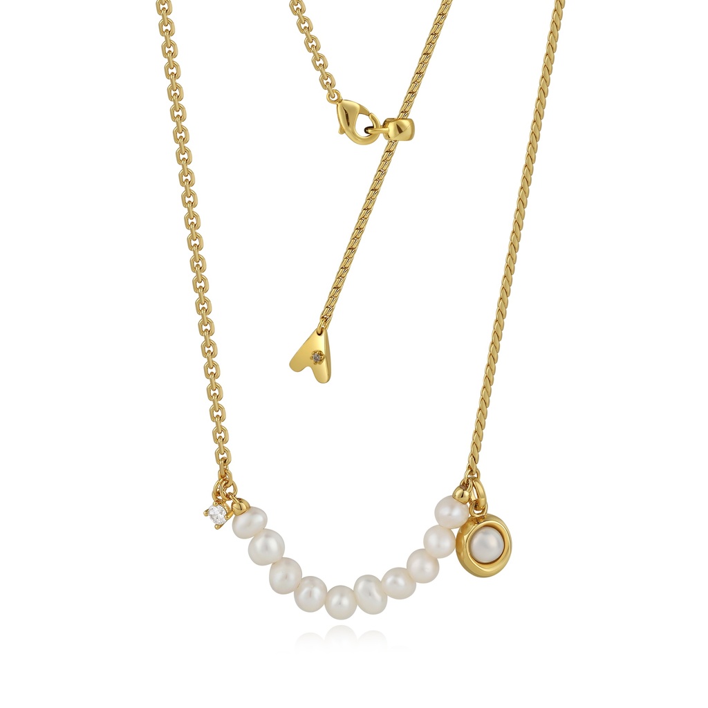 Elegant gold chain necklace with pearls and charm pendants