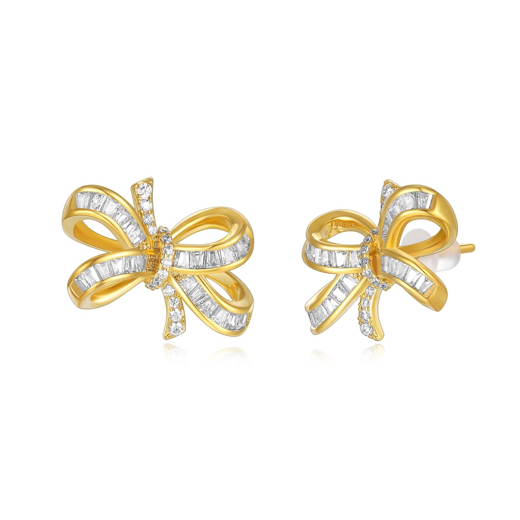 Elegant gold ribbon bow earrings with sparkling zircon stone accents