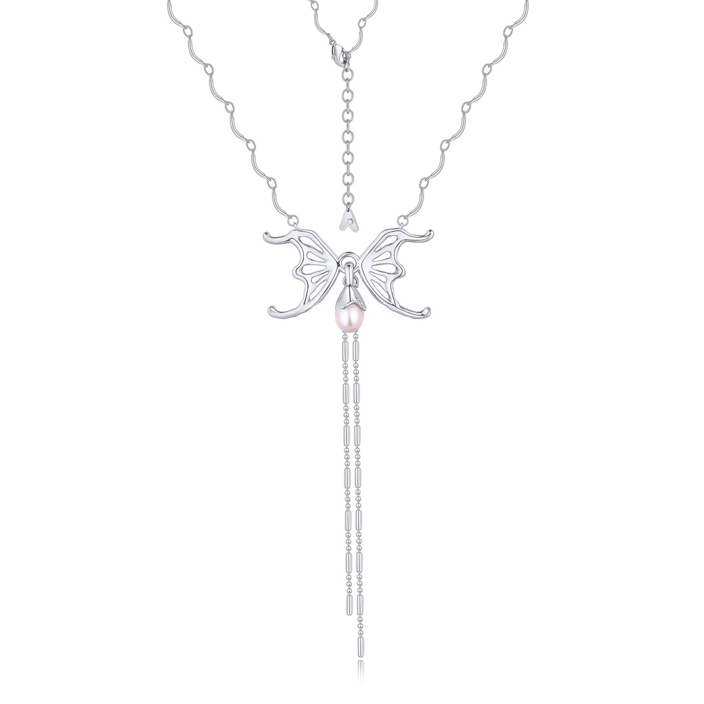 Elegant silver butterfly necklace with pearl and chain drops