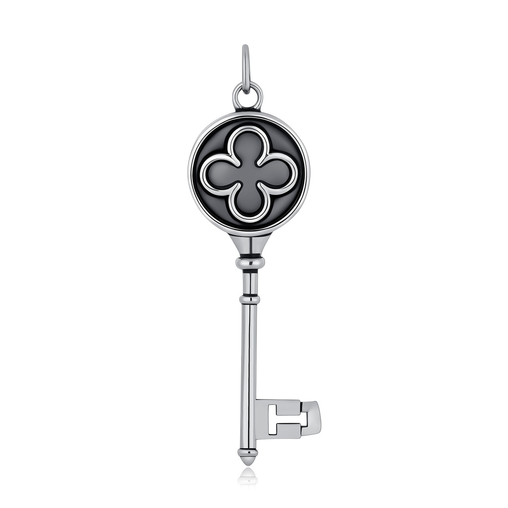 Elegant skeleton key pendant with black accents and timeless mystique.
