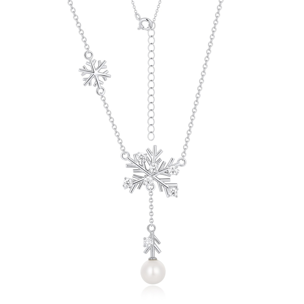 Elegant snowflake necklace with pearl drop and crystal details.