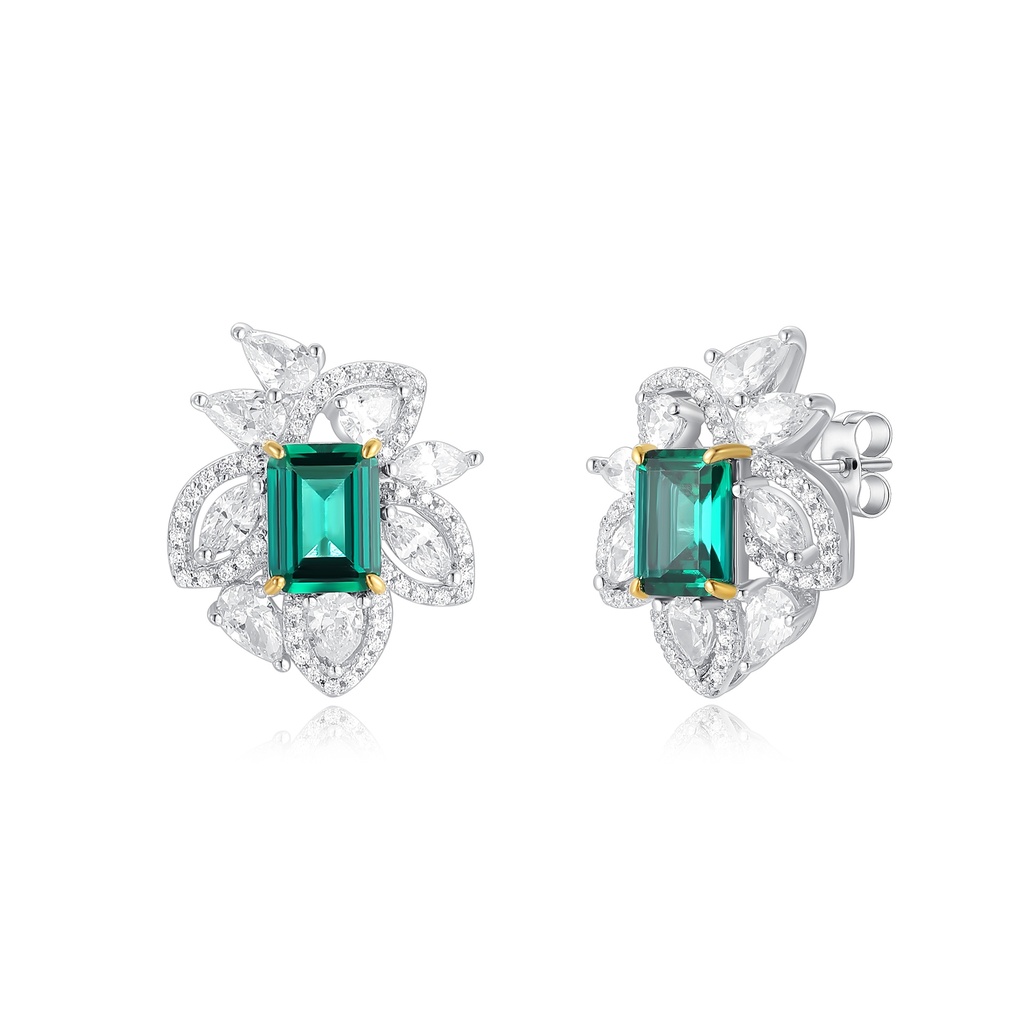 Emerald-Cut Green Crystal Floral Stud Earrings in Stainless Steel