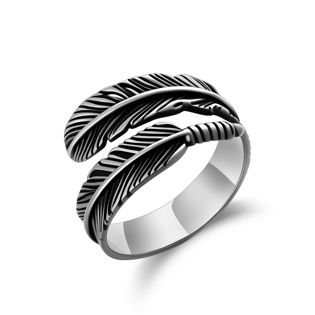 Feather Wrap Ring – Black Stainless Steel, Nature-Inspired Bold Elegance
