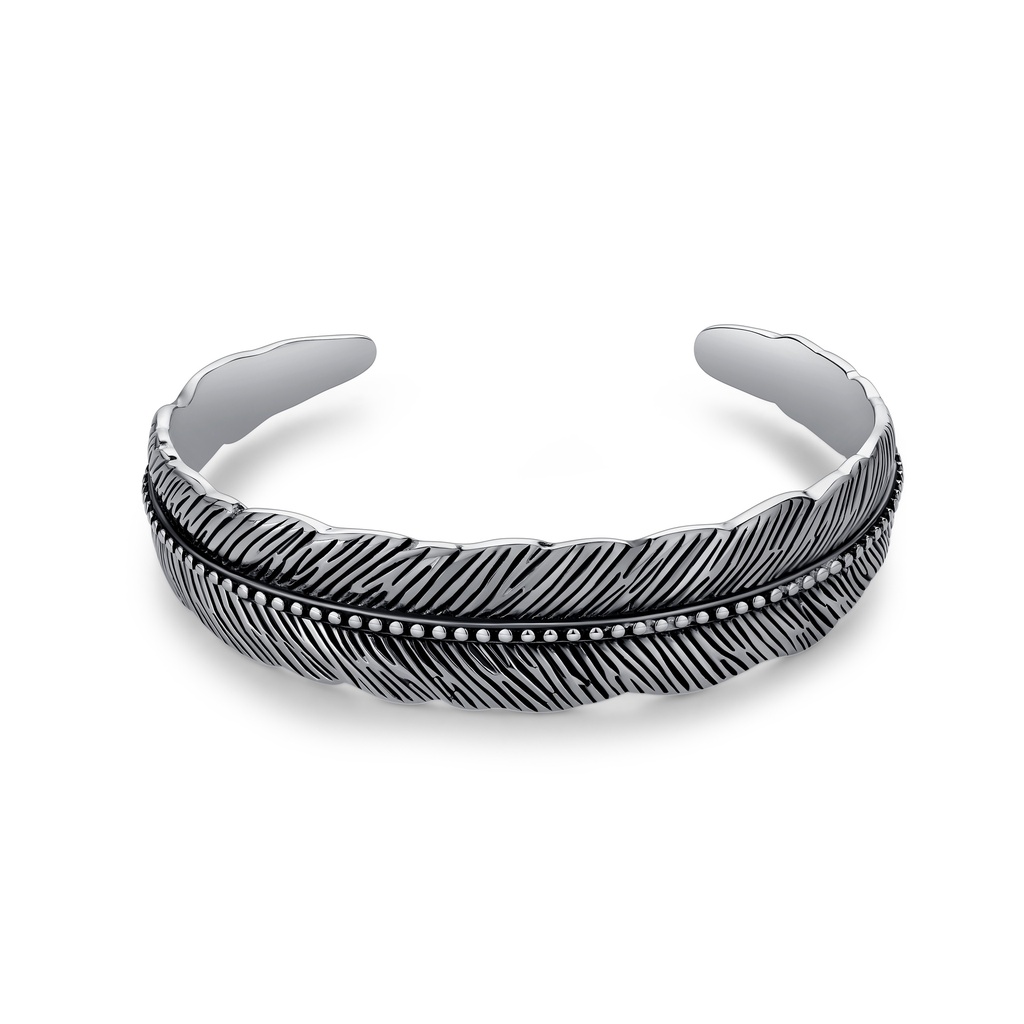 Feather-Inspired Stainless Steel Cuff Bracelet with Bead Detailing