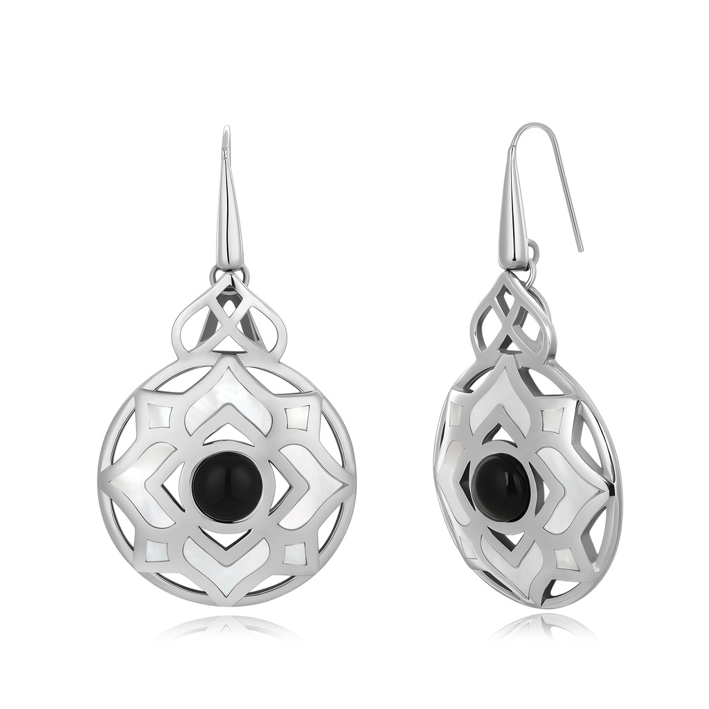 Filigree Drop Earrings with Onyx-Inspired Black Center Stone