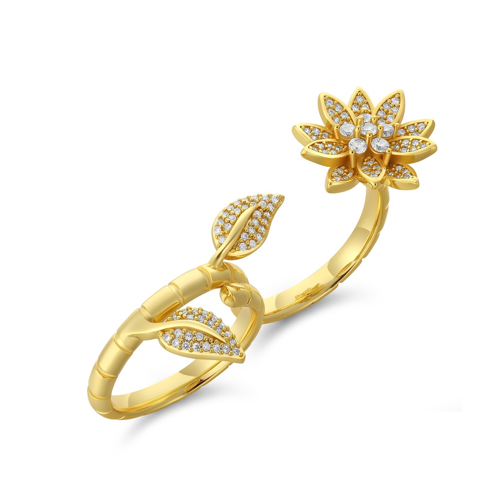 Floral Bloom Brass Ring with Sparkling Crystal Leaf Accents