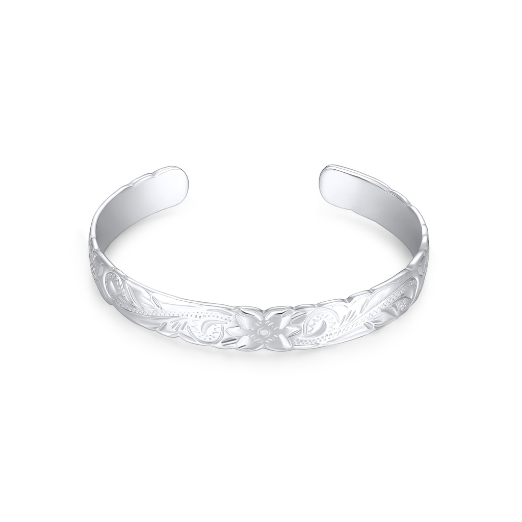 Floral Engraved Open Cuff Bracelet in Polished Stainless Steel