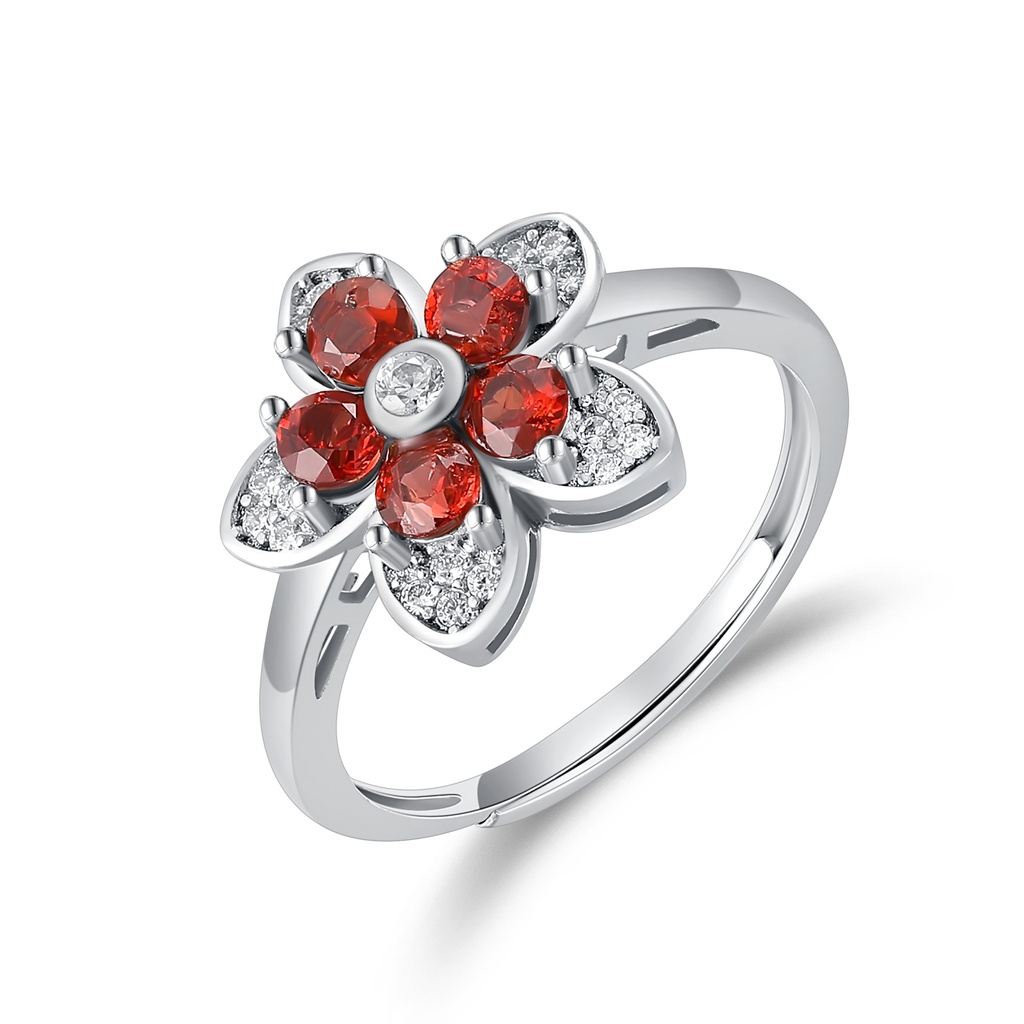Floral Red Gemstone Ring with Sparkling Diamond Petal Accents