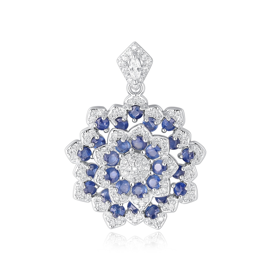 Floral Stainless Steel Pendant with Blue and White Crystals