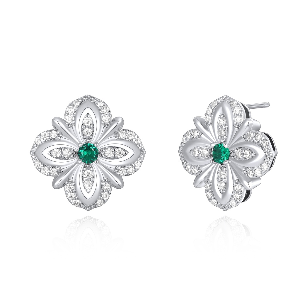 Floral Stud Earrings with Green and White Crystals