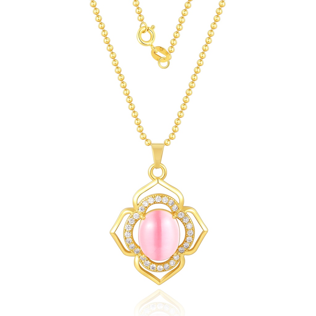 Floral gold pendant necklace with pink cat’s eye centerpiece