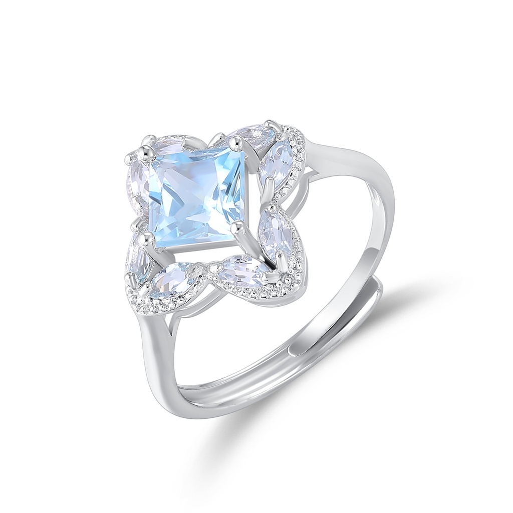 Floral-Inspired Blue Princess-Cut Ring with Sparkling Petal Accents