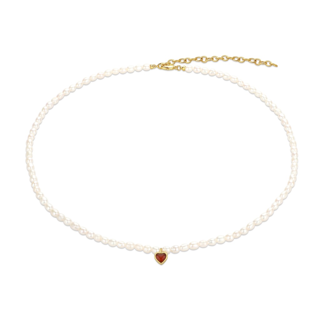 Freshwater pearl choker necklace with red enamel heart charm