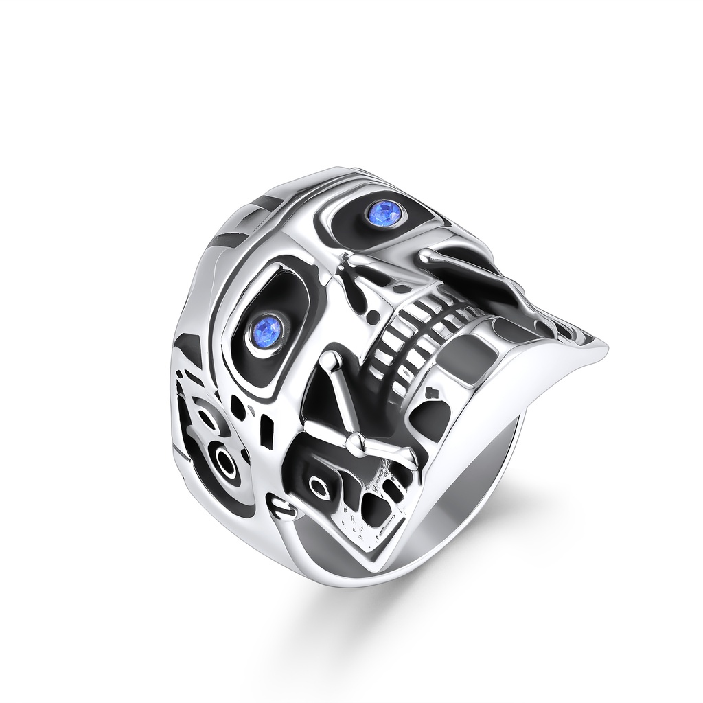 Futuristic Skull Ring with Blue Gemstone Eyes in Steel