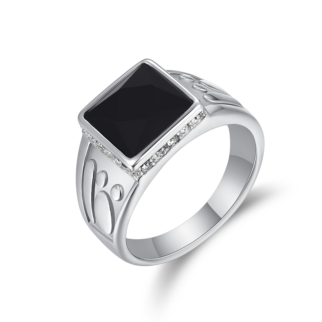 Geometric Black Stone Stainless Steel Ring with Side Cutout Design