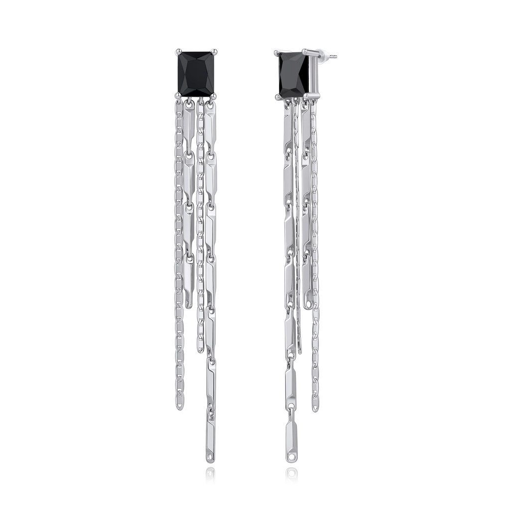 [BJ01E0222-2] Black Zircon Statement Drop Earrings with Layered Chain Fringe