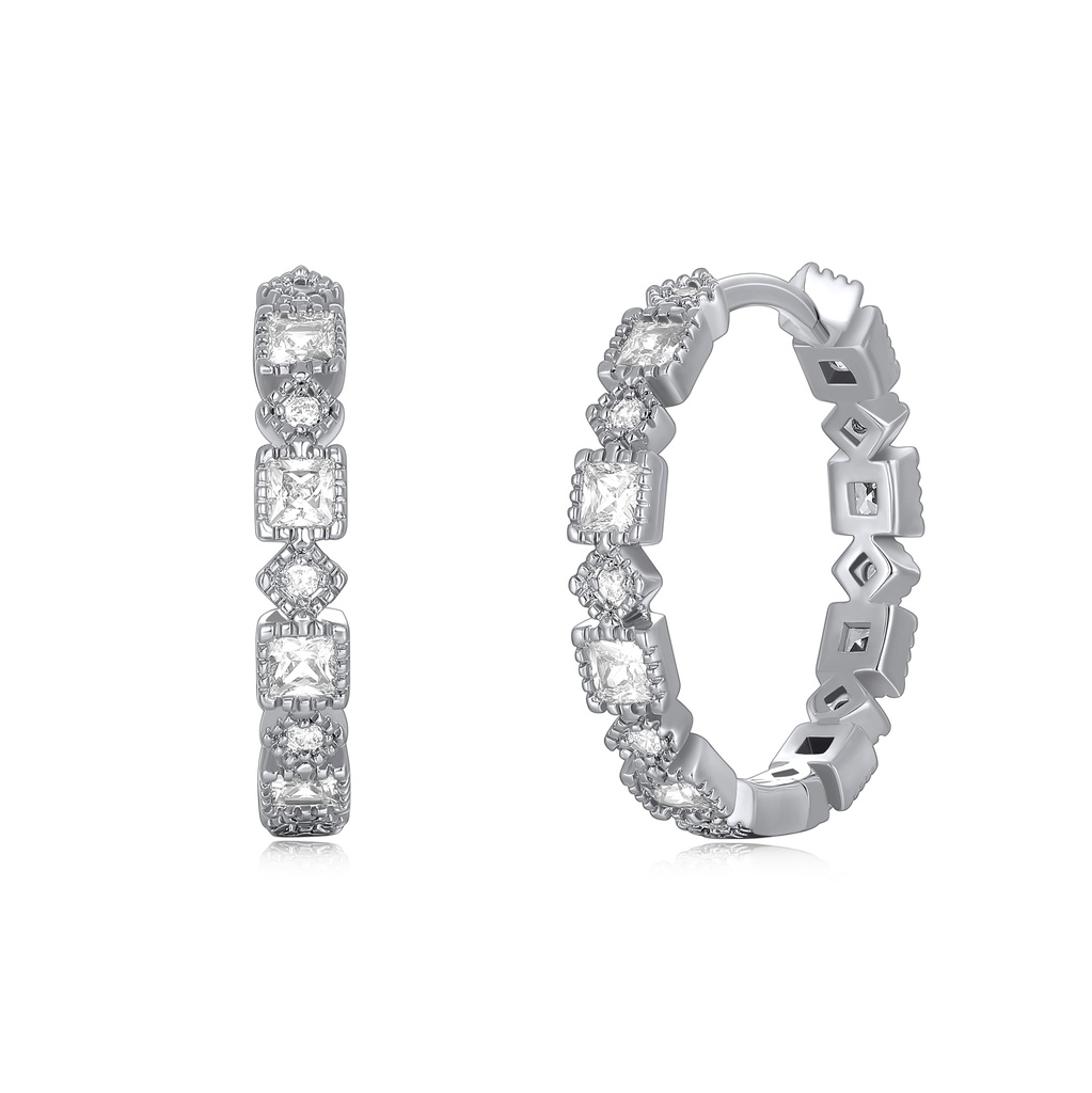 Geometric Princess-Cut CZ Hoop Earrings in Silver Tone