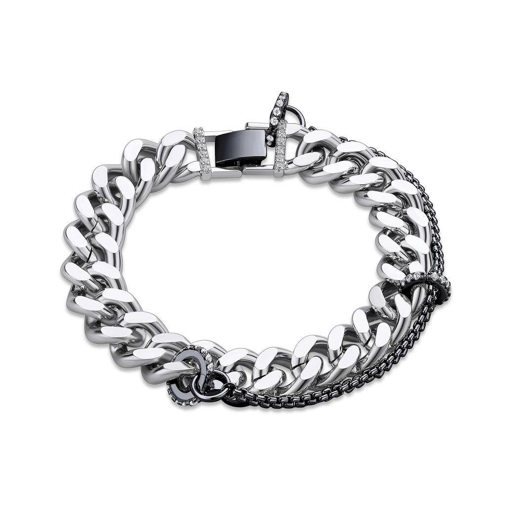 [BJ01B0004-1] Black and Silver Stainless Steel Chain Bracelet with CZ Embellishments