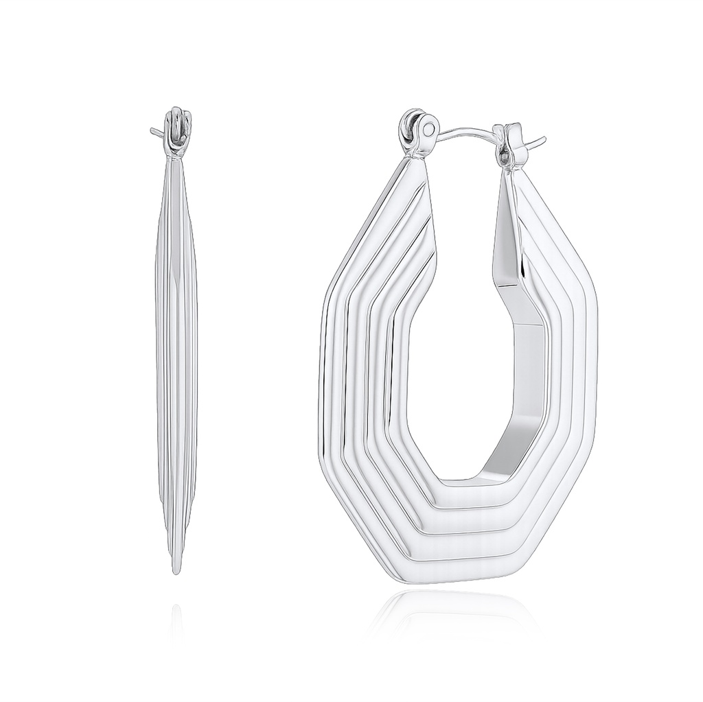 Geometric Silver Stainless Steel Hoop Earrings with Modern Layered Design