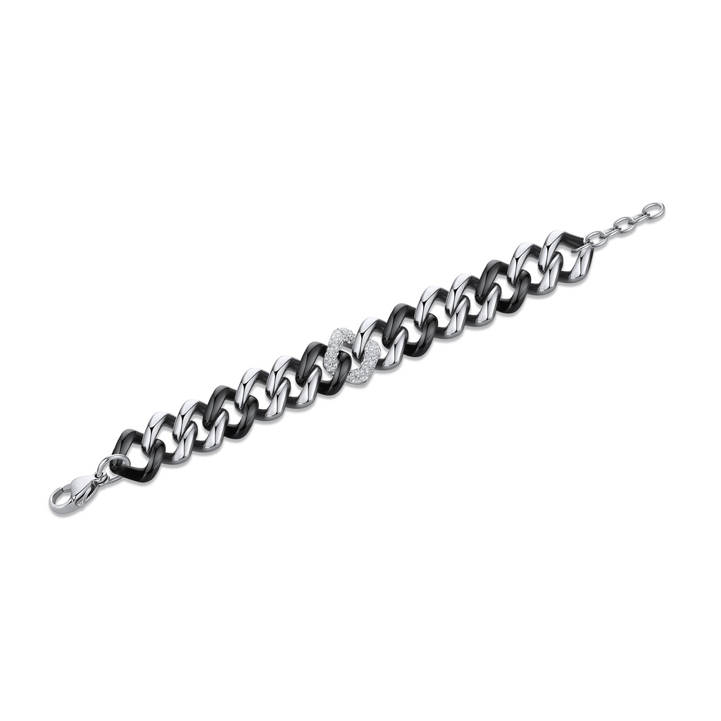 [DJ01B0037] Black and Silver Stainless Steel Chain Bracelet with Sparkling Accent
