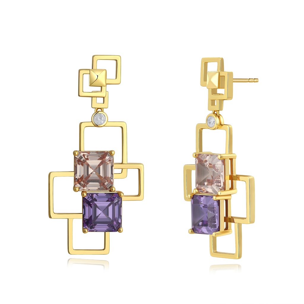 Geometric drop earrings with colorful square stones and gold frame.