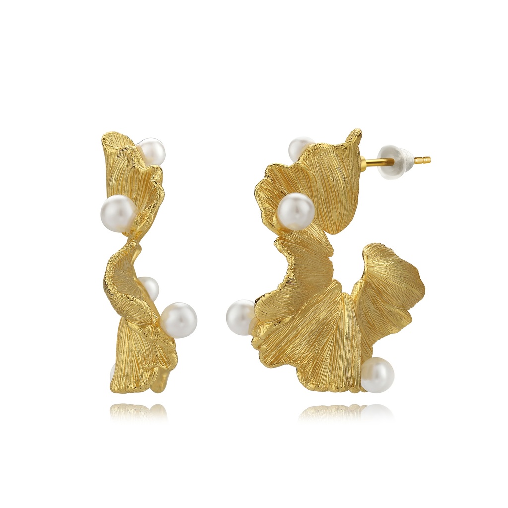 Ginkgo Leaf Inspired Earrings with Scattered Pearls