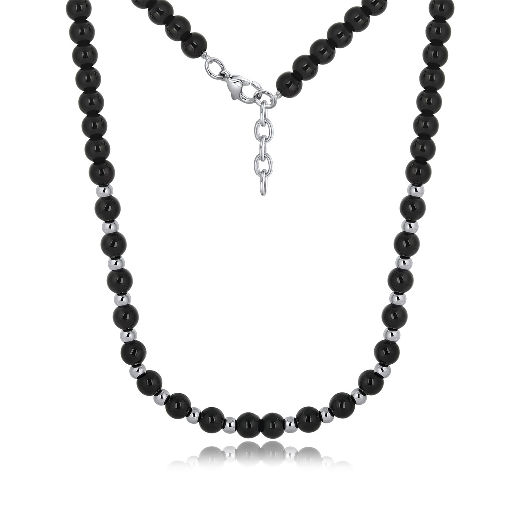 Glossy Black Beaded Stainless Steel Necklace for Men Jewelry