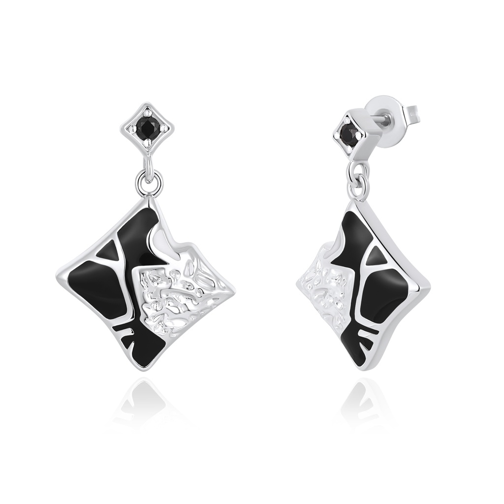 [PD02E0143] Black enamel drop earrings with geometric silver detail and charm