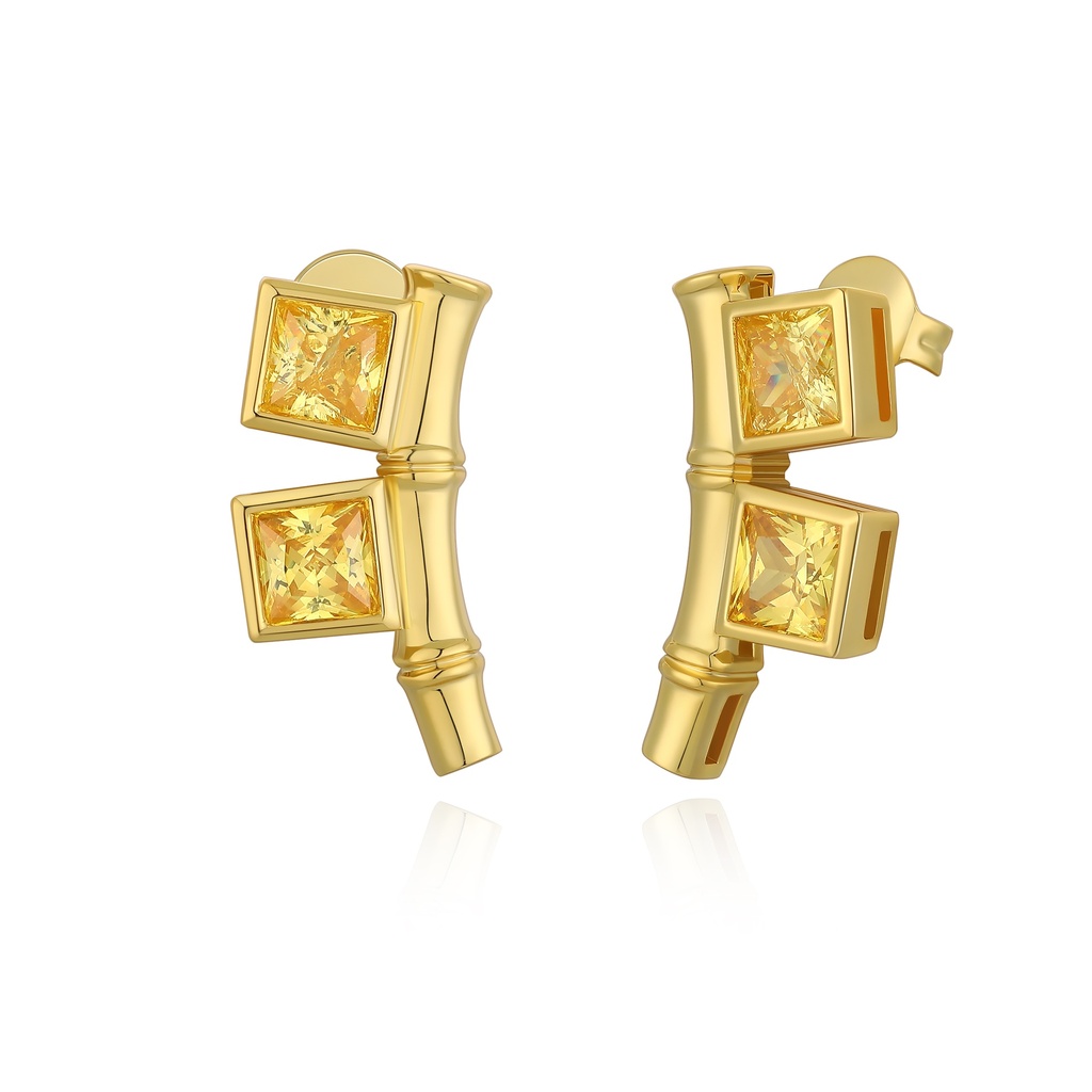 Gold Bamboo Earrings with Square Yellow Crystals