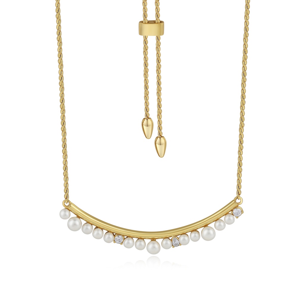 Gold Brass Necklace with Pearls and Cubic Zirconia Accents