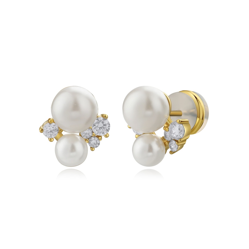 Gold Brass Pearl Cluster Earrings with Sparkling Zircon Accents