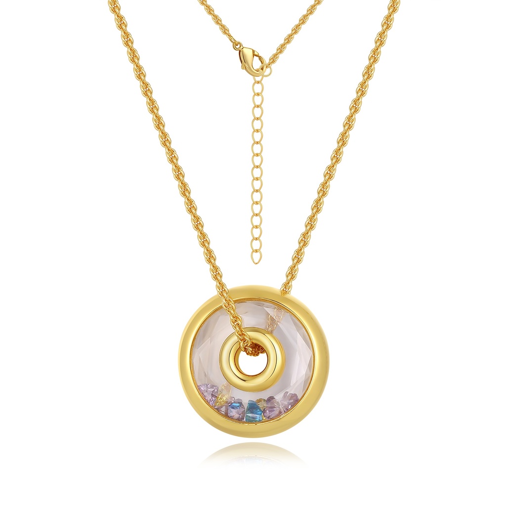 Gold Circle Pendant Necklace with Floating Multicolor Crystals