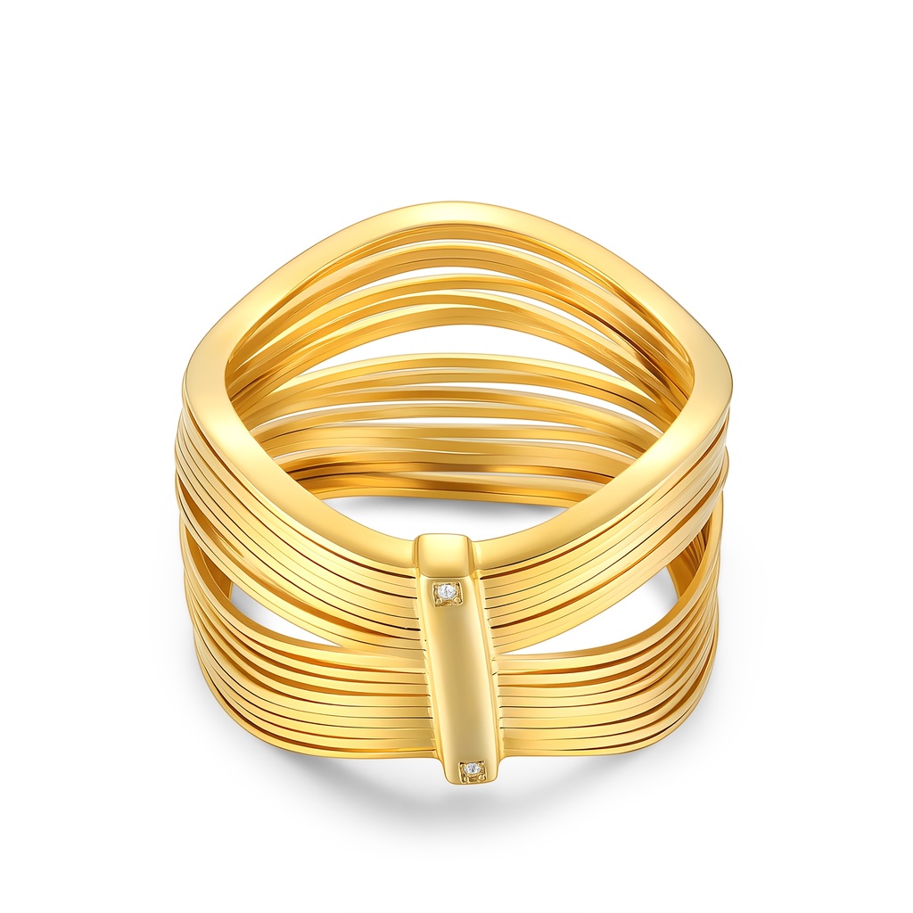 Gold Color Stainless Steel Multi-Band Statement Ring with Crystal Accents