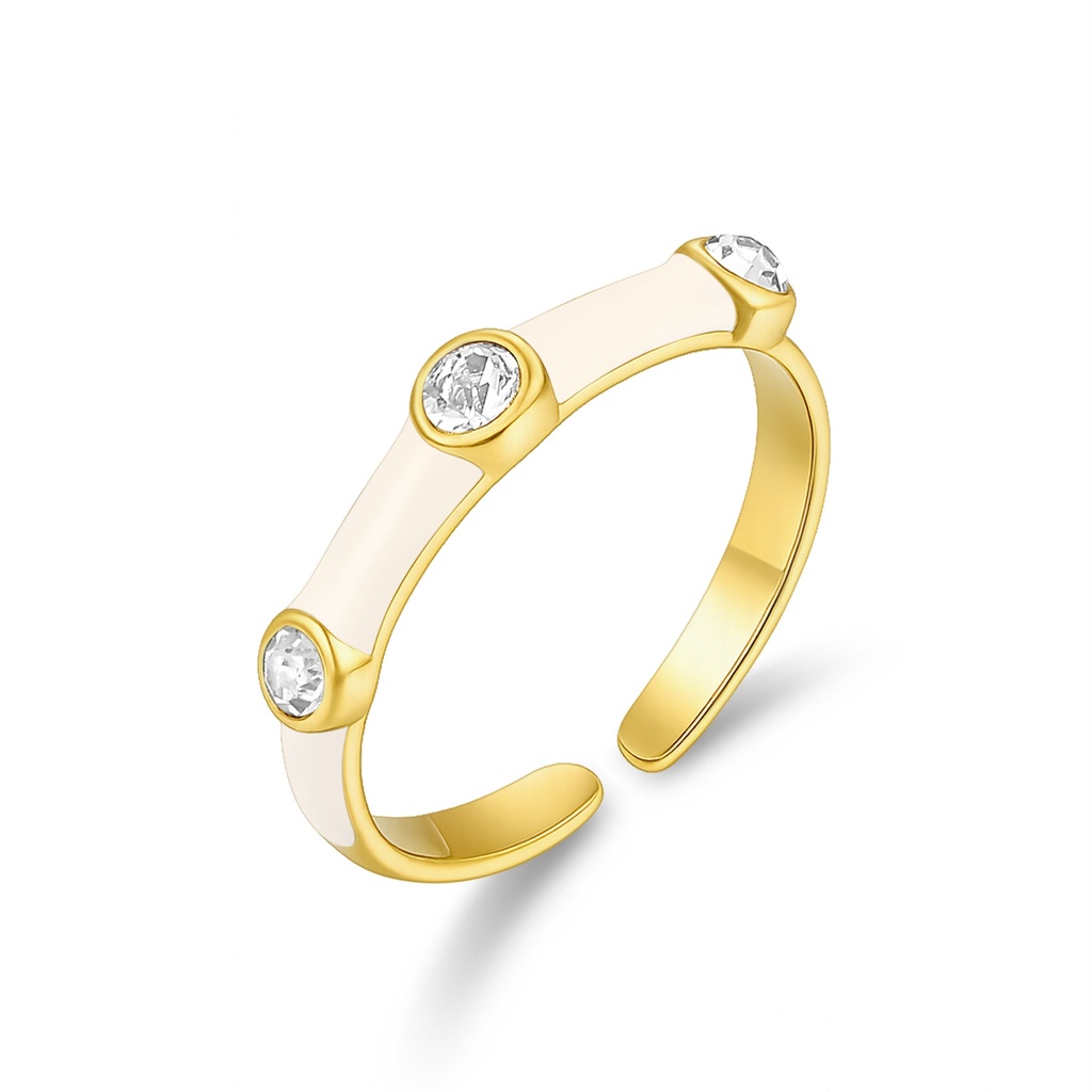 Gold Color Stainless Steel Open Ring with White Enamel and Crystals