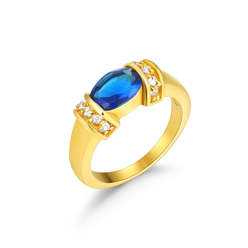 Gold Color Stainless Steel Ring with Blue Oval Stone and Crystals