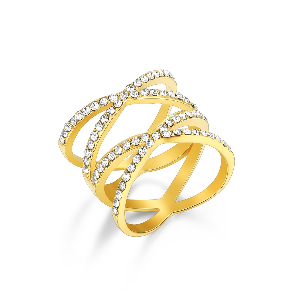 Gold Crisscross Statement Ring with Pavé Set Crystal Accents