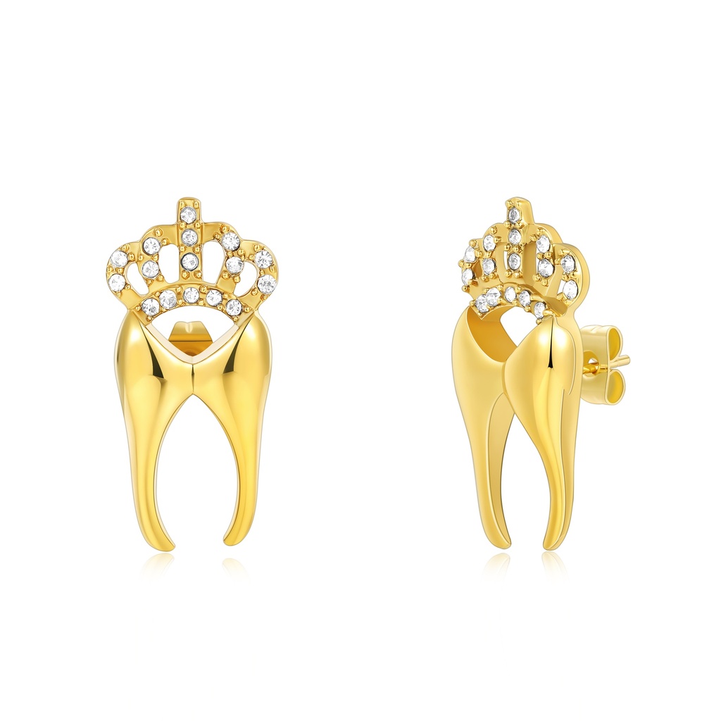 Gold Crystal Crown Tooth Earrings for Bold, Royal-Themed Statements