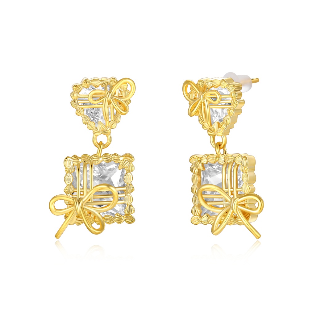 Gold Crystal Drop Earrings with Bow-Tied Giftbox Design