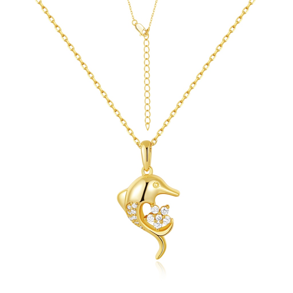 Gold Dolphin Pendant Necklace with CZ Floral Accent