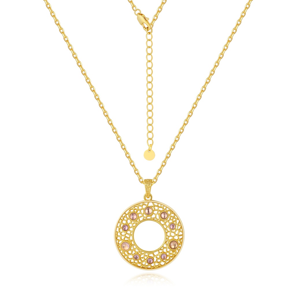 Gold Filigree Circle Pendant with Pink Crystal Details