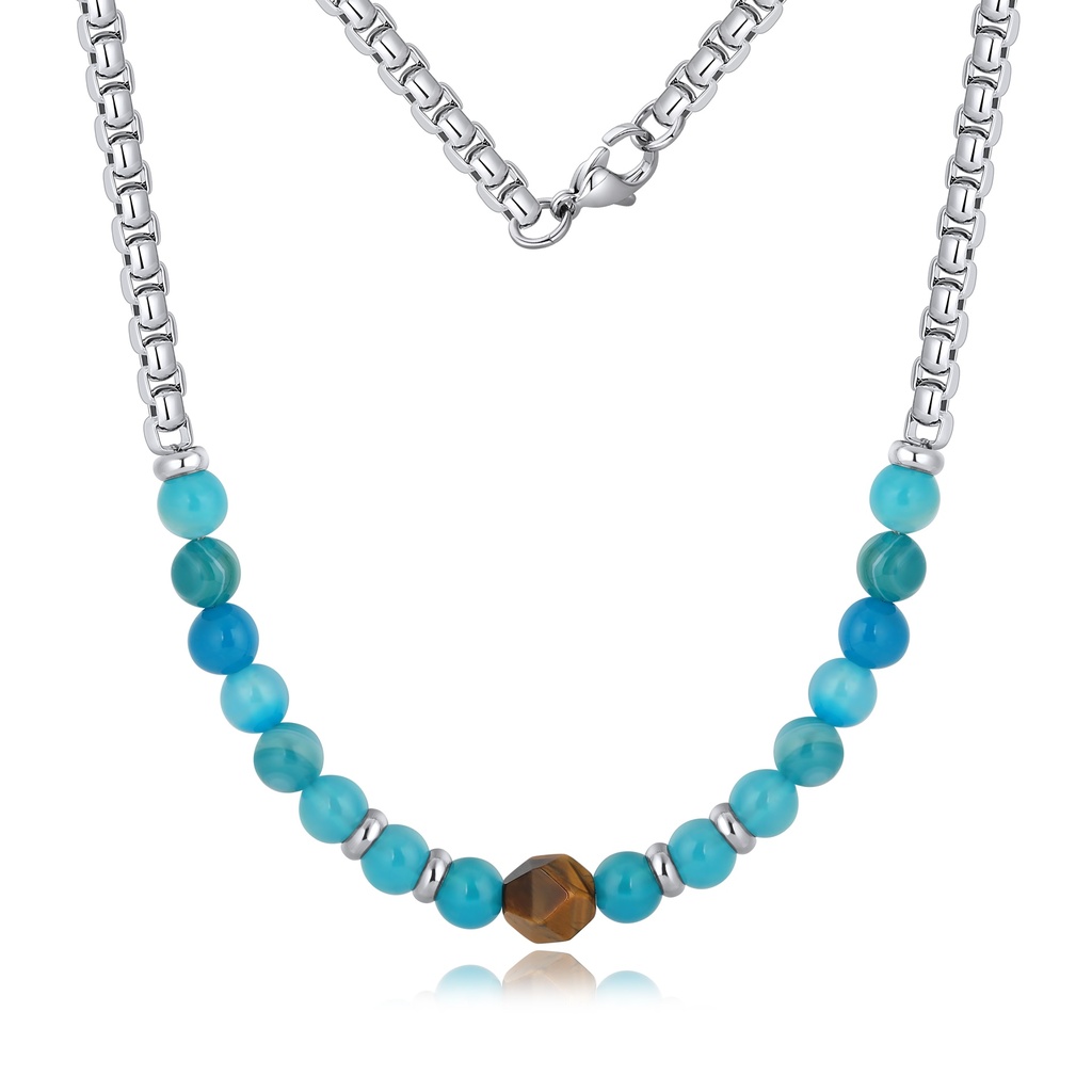 [DJ01N0029] Blue Agate Stainless Steel Necklace with Faceted Tiger Eye Center