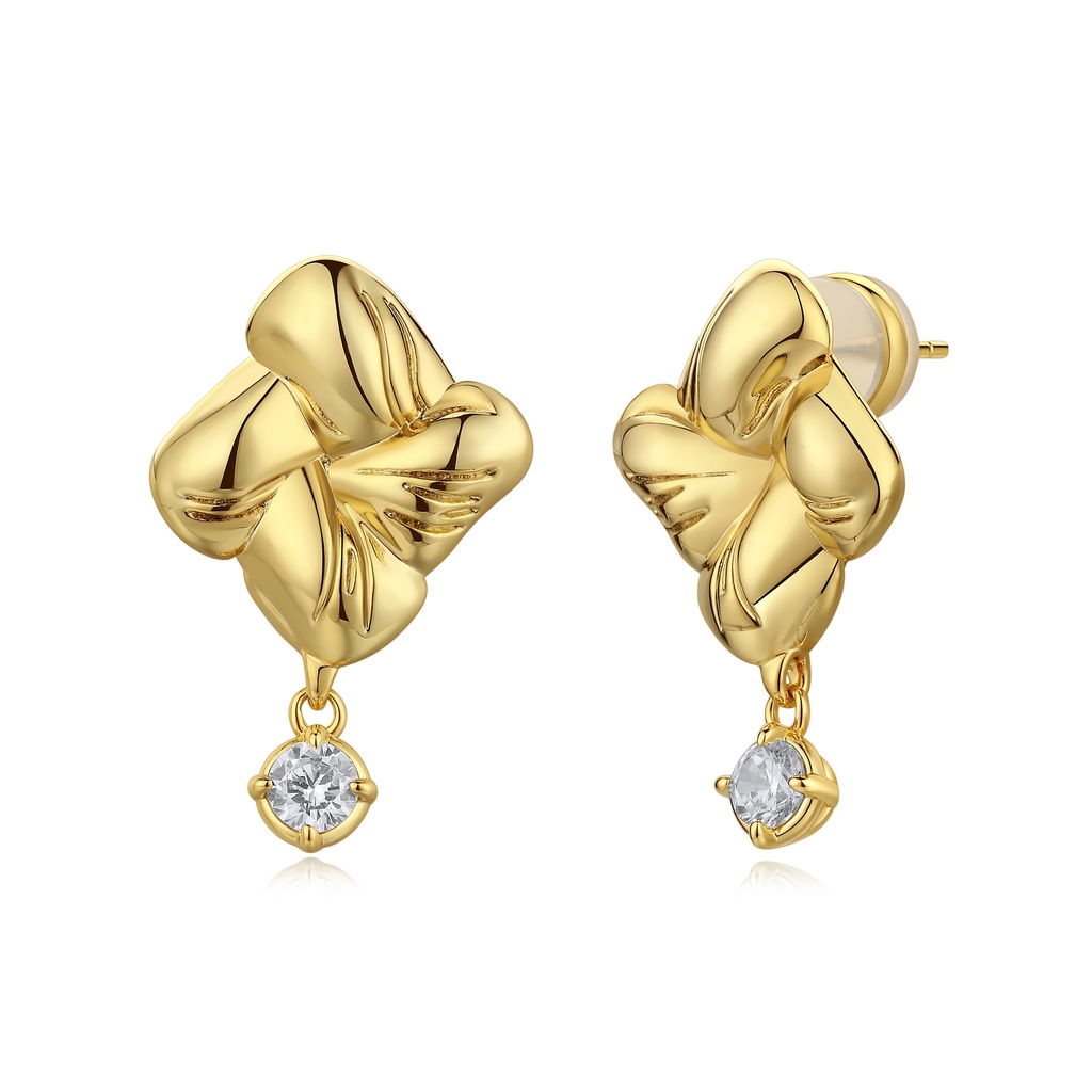 Gold Floral Knot Drop Earrings with Zircon