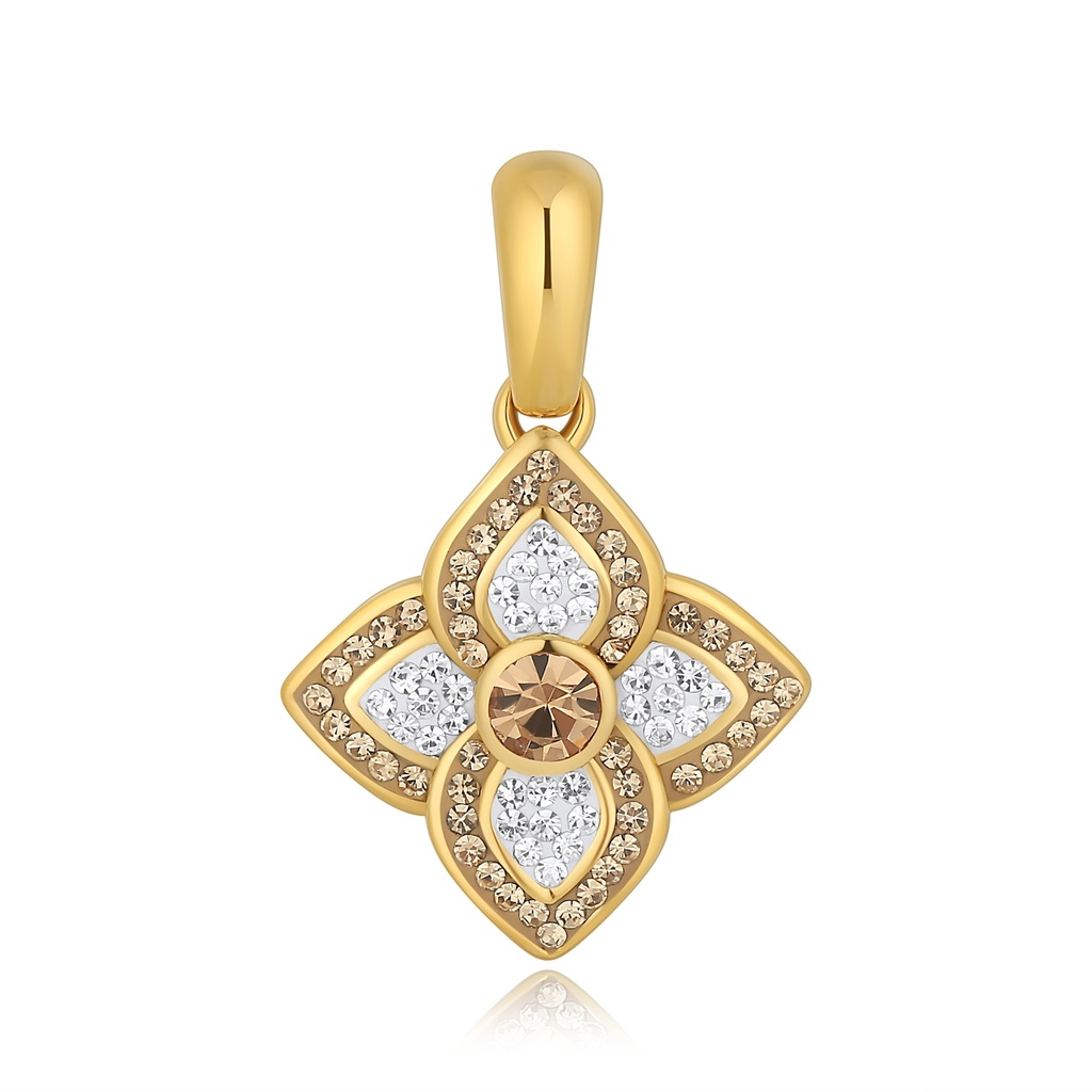 Gold Floral Pendant Necklace, Stainless Steel with Crystal Rhinestones