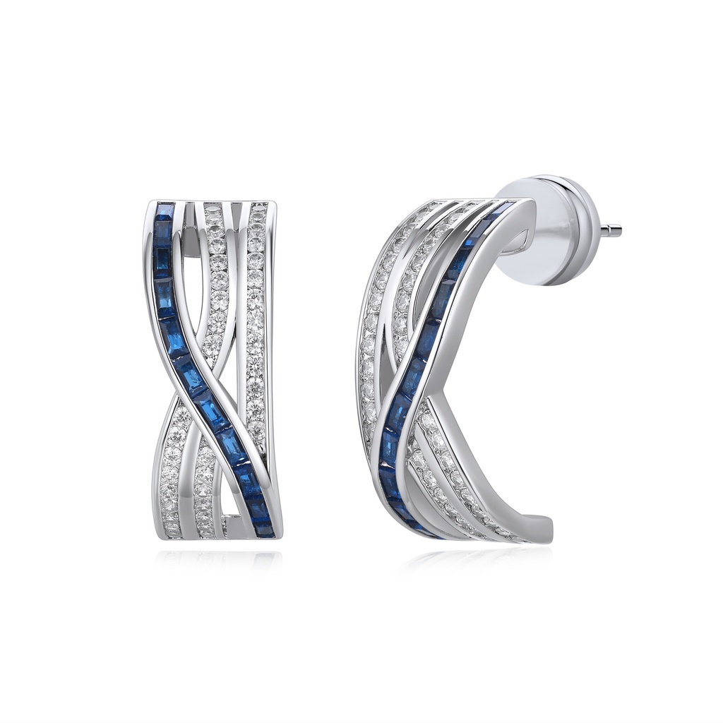 [SZ05E0154-1] Blue Baguette Stone Hoop Earrings With Sparkling CZ Inlay