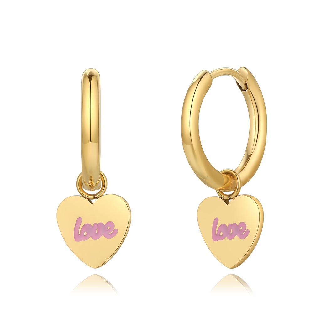 Gold Heart Hoop Earrings with Pink Enamel Love Lettering